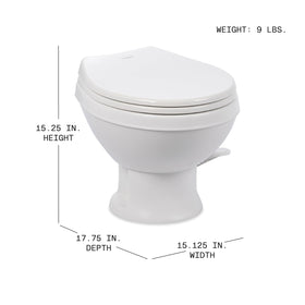 Dometic Model 401 flush action detail showing efficient, quiet rinsing