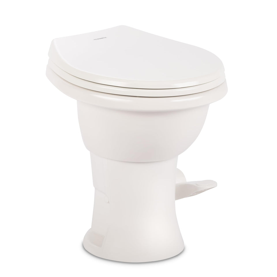 Dometic Model 410 front view showing compact porcelain bowl and clean design benefit durable hygiene