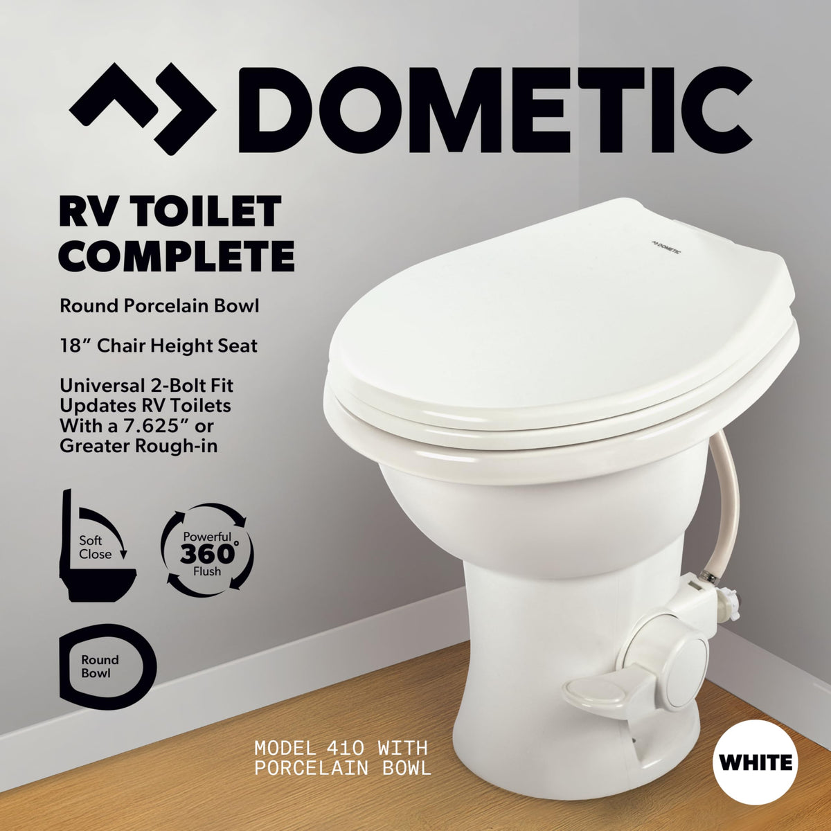 Dometic Model 410 installed in RV bathroom showcasing universal fit and upgraded look benefit