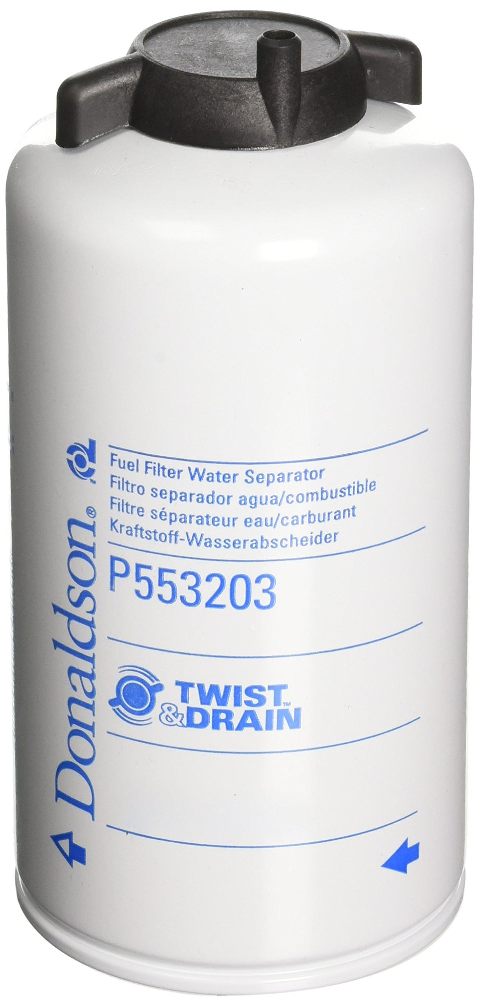 Donaldson P553203 front view showing label and spin-on threads for quick replacement benefit