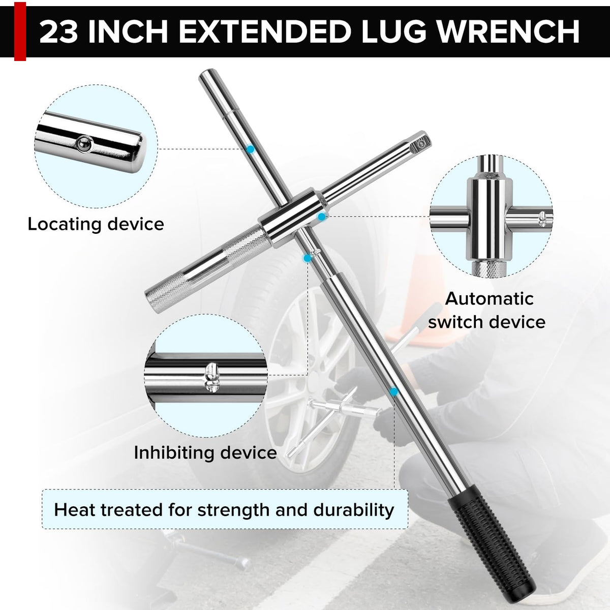 Donext wrench beside ruler showing 23-inch reach for leverage