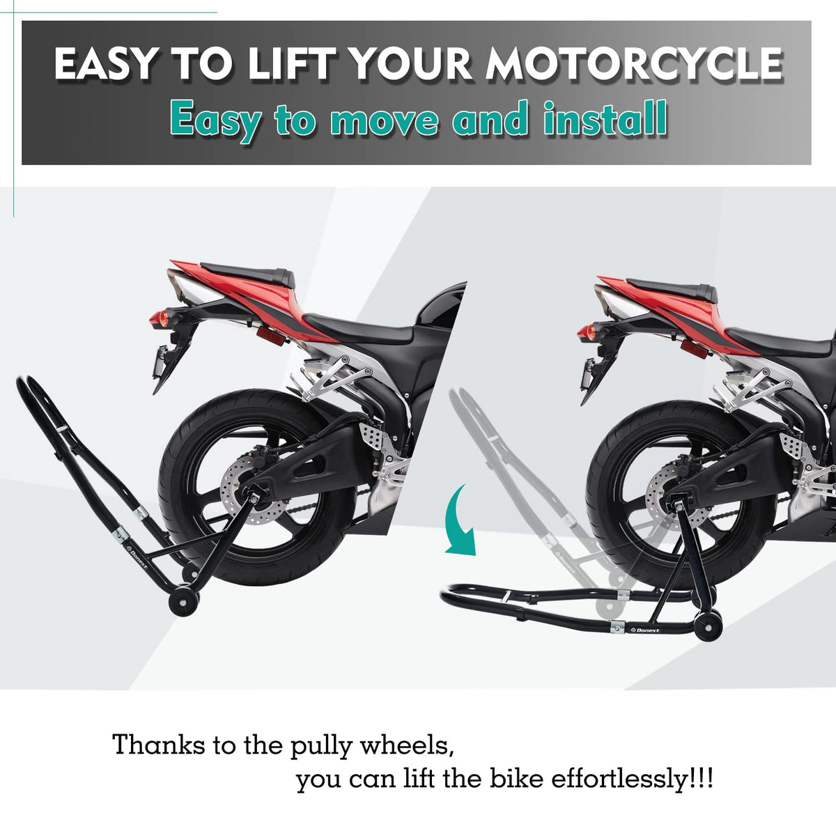 Donext stand mounted on sport bike illustrating secure lift benefit