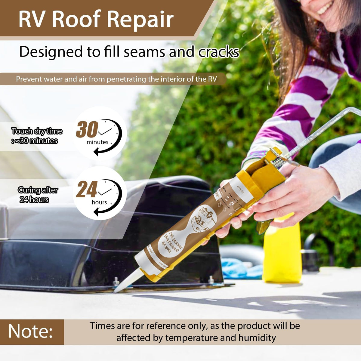 Dongxw tube applied on RV roof seam demonstrating leak prevention benefit