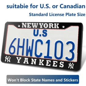 DorkTees frame next to a standard license plate showing precise US fit