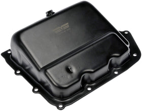 Dorman transmission oil pan front view showing bolt pattern and durable construction benefit