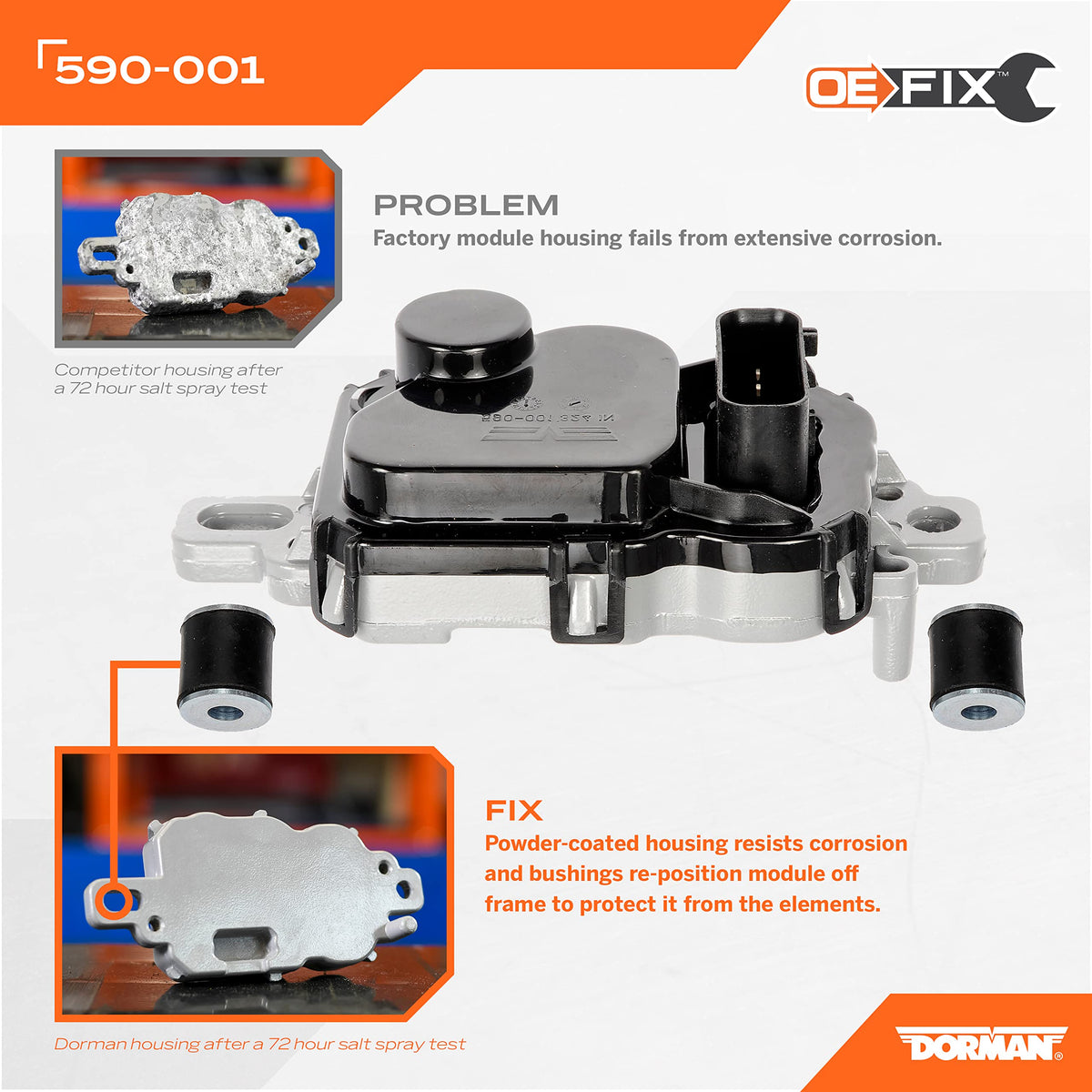 Dorman module mounted on vehicle frame illustrating raised position reducing corrosion
