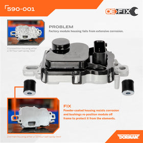 Dorman module mounted on vehicle frame illustrating raised position reducing corrosion