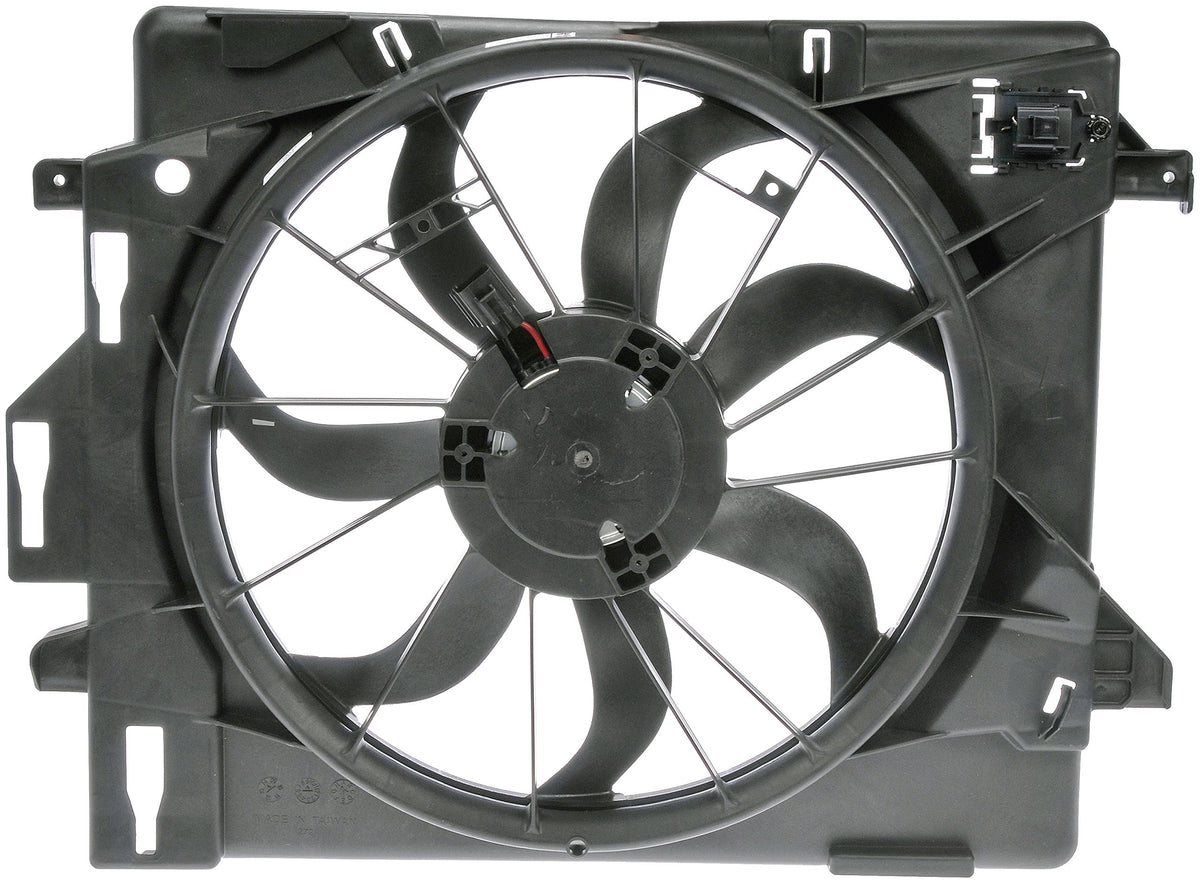 Dorman 621-028 front view showing complete fan assembly and easy-fit benefits