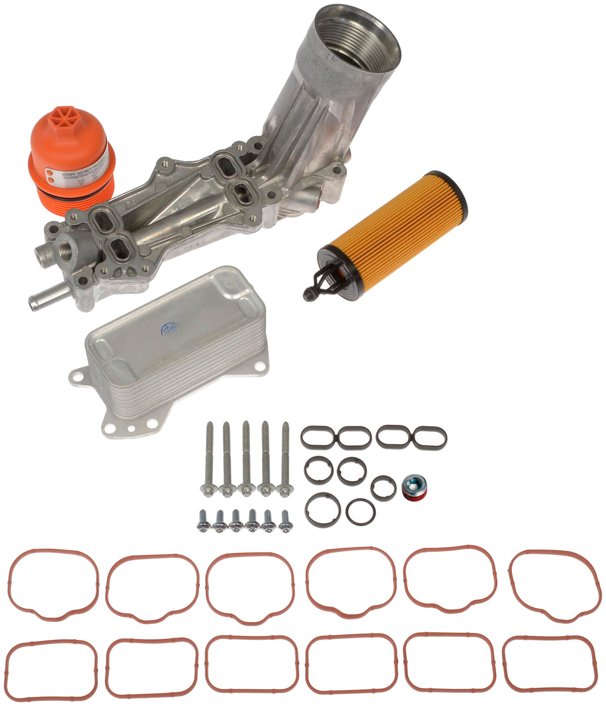 Dorman aluminum oil filter housing front view showing durable construction and leak resistance