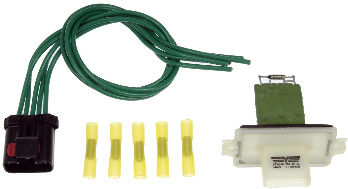 Dorman 973-426 front view showing resistor and harness pigtail for reliable HVAC repair