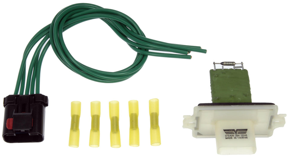 Dorman 973-426 front view showing resistor and harness pigtail for reliable HVAC repair