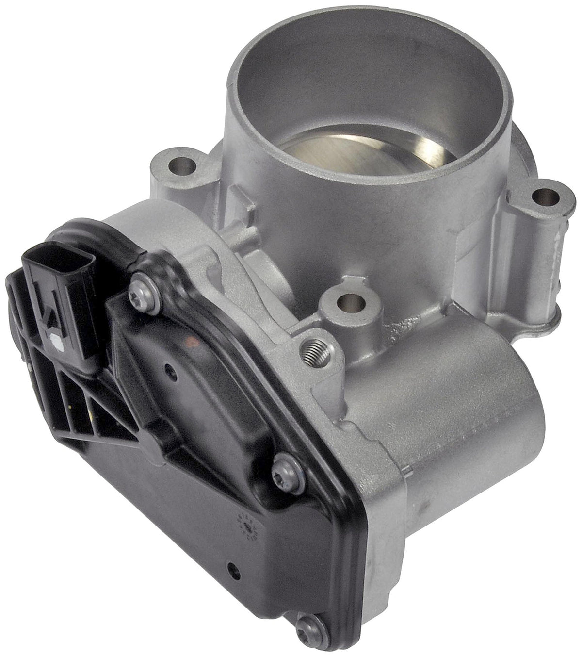 Dorman throttle body front view showing clean mounting flanges and OE-fit benefits