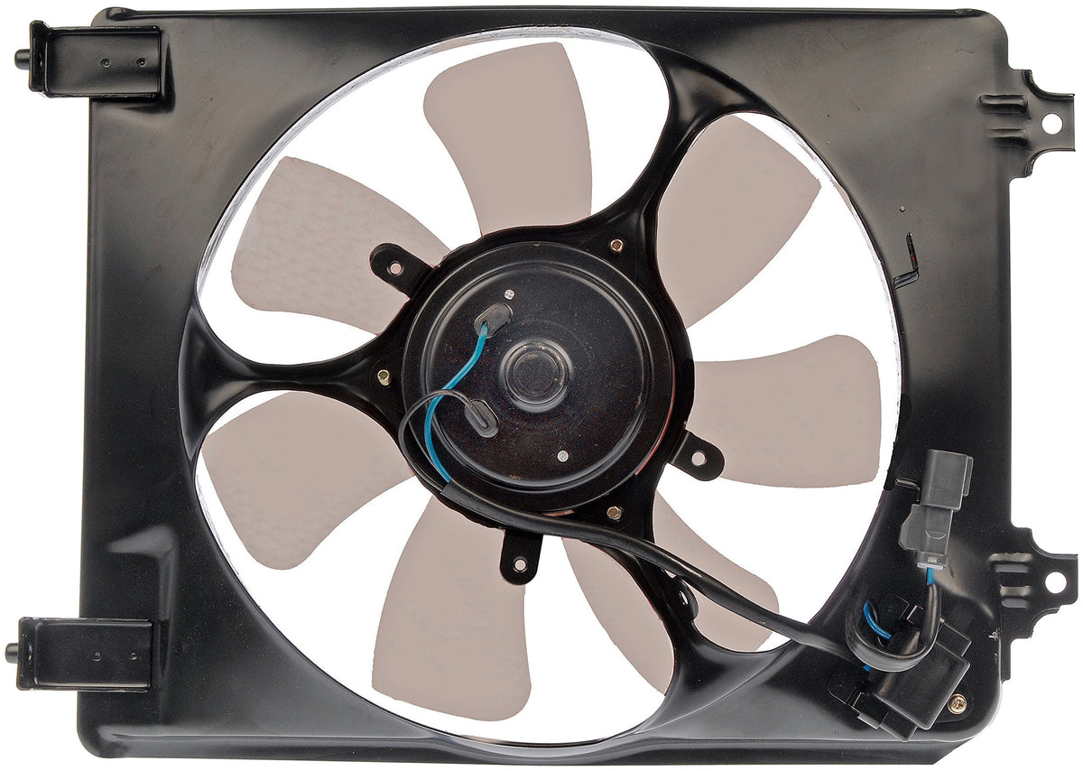 Dorman A/C condenser fan assembly front view showing mounting points and fit benefit