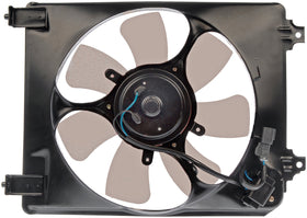 Dorman A/C condenser fan assembly front view showing mounting points and fit benefit