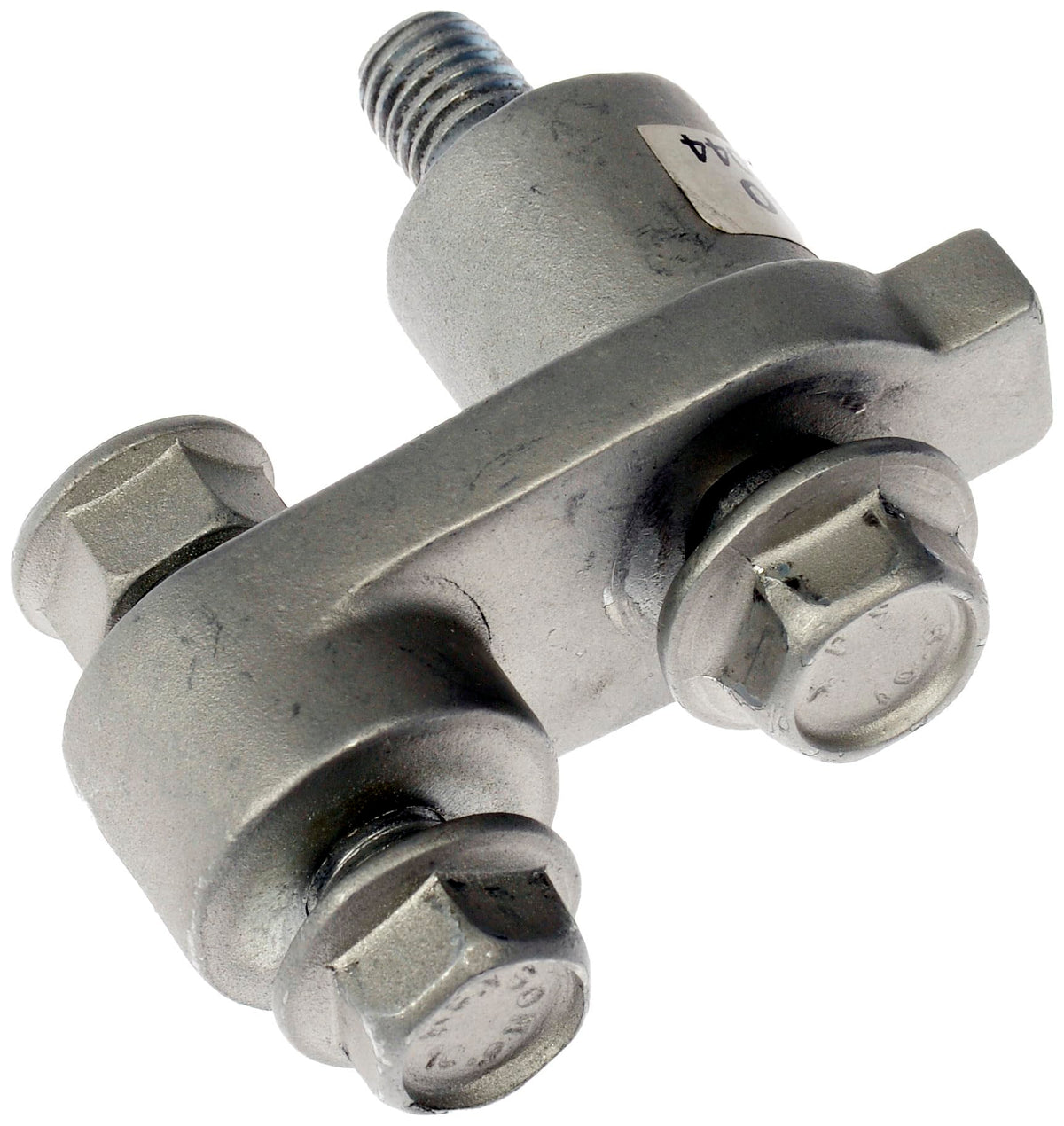 Dorman clamp installed on a front left manifold demonstrating leak elimination benefit