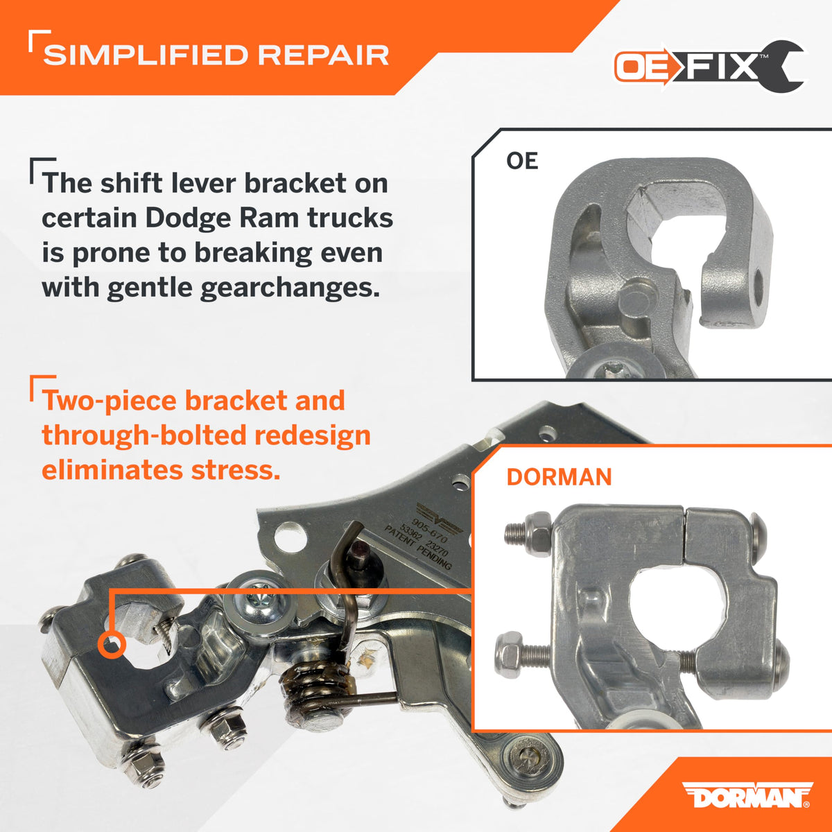 Dorman close-up double-bolt detail highlighting stronger clamp and load distribution
