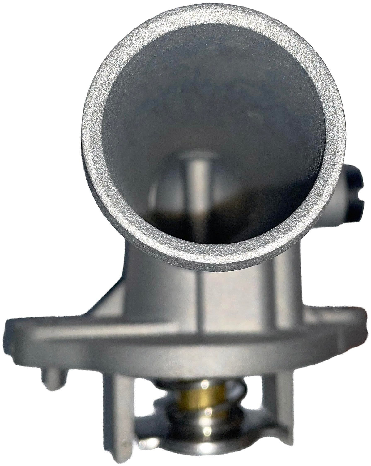 Dorman close-up of thermostat housing flange showing precise fit and sealing benefit