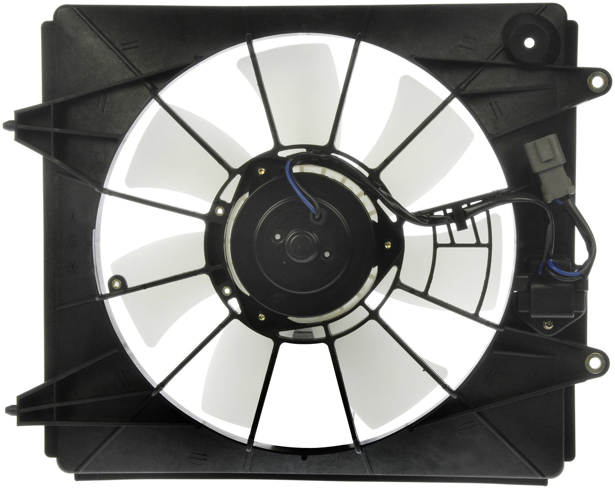 Dorman condenser fan assembly front view showing complete unit and accurate fit
