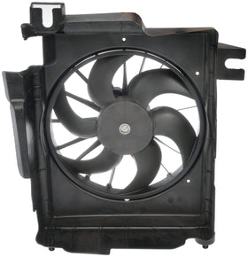 Dorman condenser fan installed in engine bay demonstrating tool-free A/C line advantage