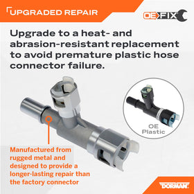 Dorman connector close-up highlighting metal finish and precise angle for longer service life