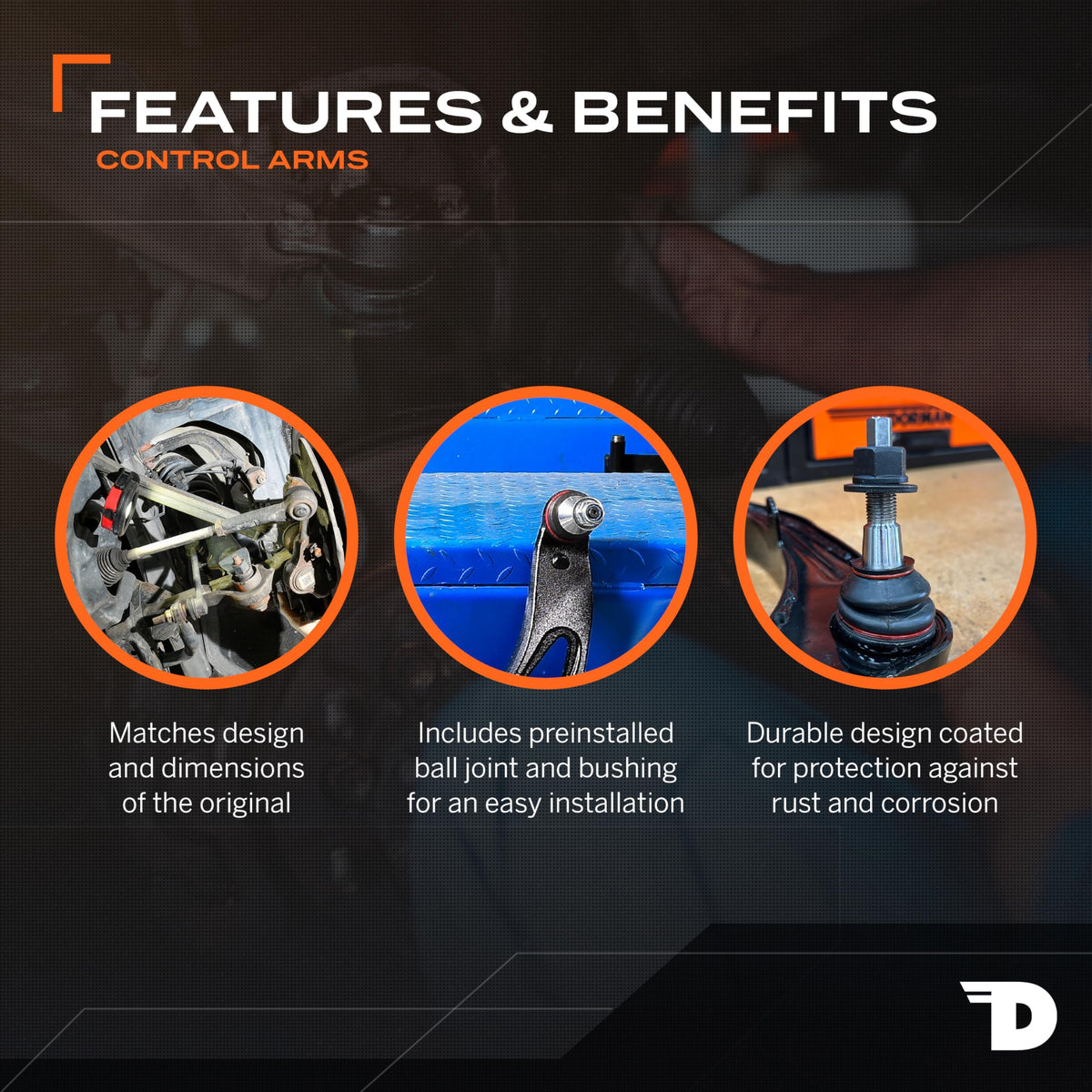 Dorman control arm in garage scene showing easy replacement and time-saving benefit