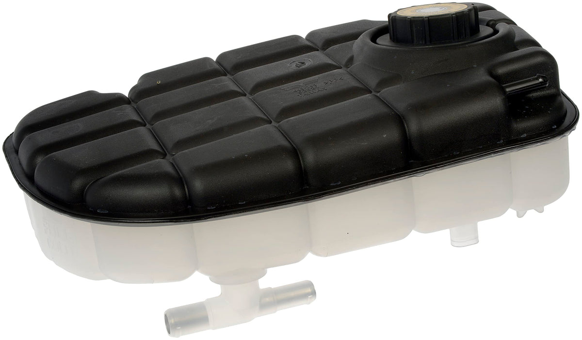 Dorman coolant reservoir front view showing mounting points and easy replacement benefit