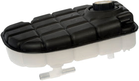 Dorman coolant reservoir front view showing mounting points and easy replacement benefit
