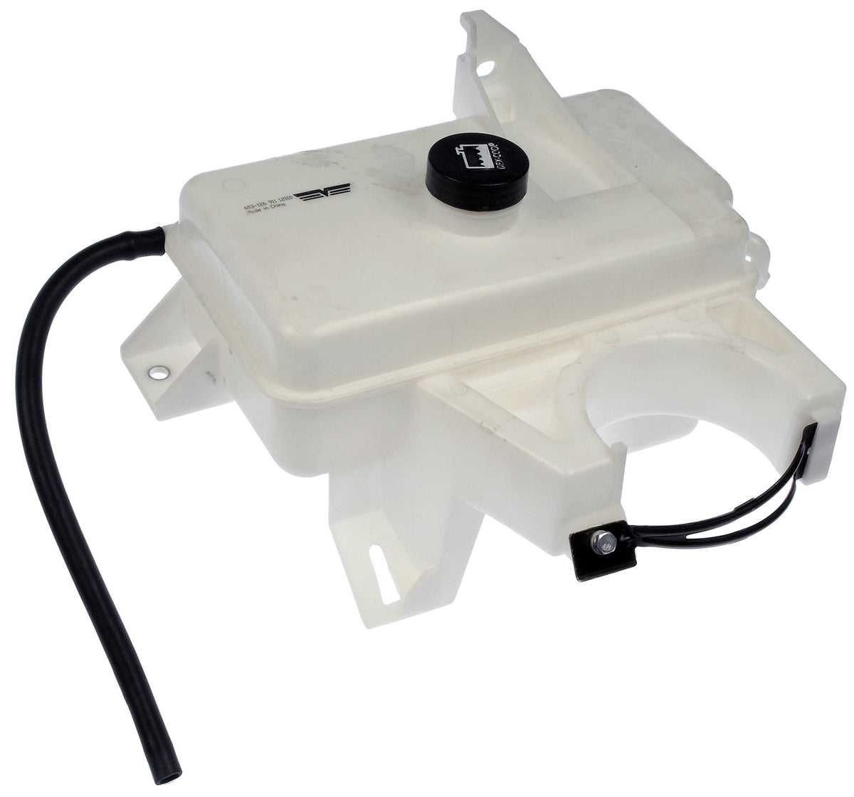 Dorman coolant reservoir front view showing mounting points and durable construction benefit