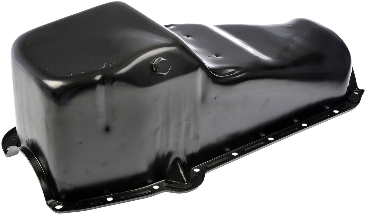 Dorman engine oil pan front view showing drain plug and fit for leak prevention