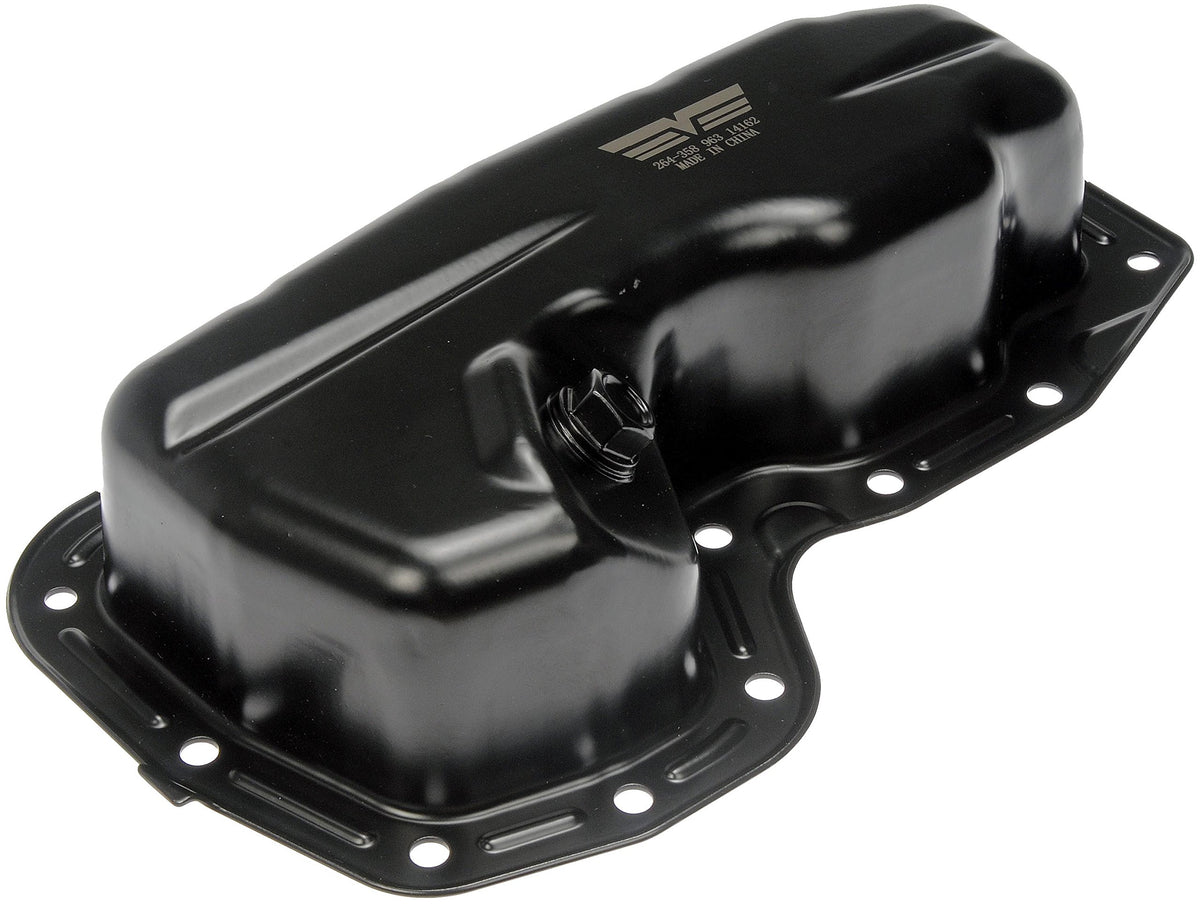 Dorman front view of oil pan showing flange and drain plug for reliable replacement