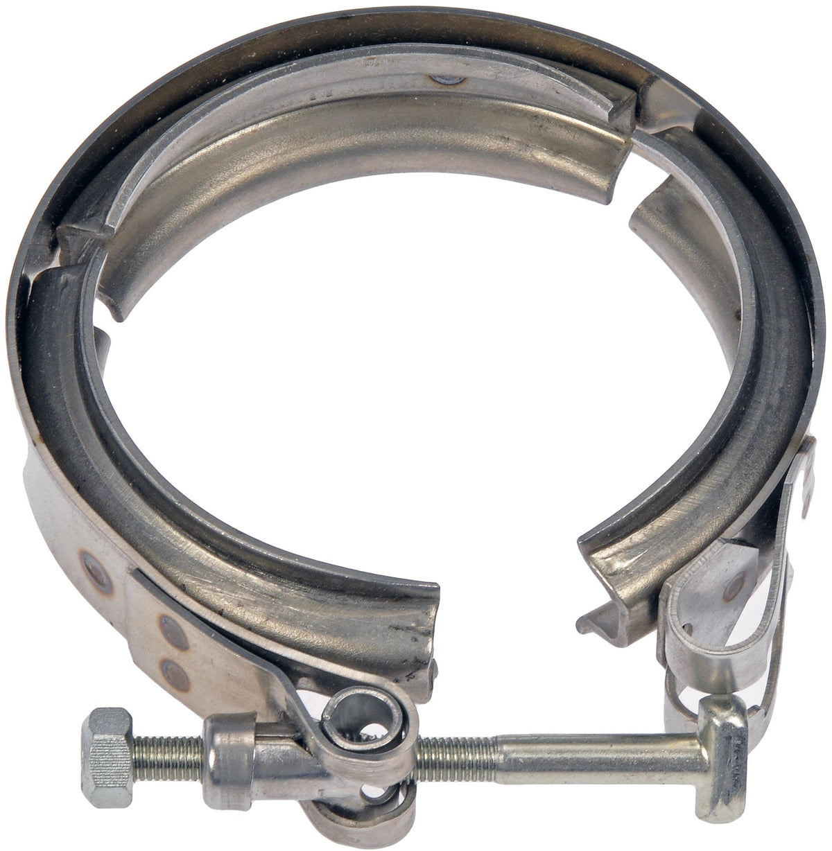 Dorman exhaust clamp front view showing corrosion-resistant finish and secure fit