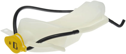 Dorman front coolant reservoir front view showing mounting points and direct fit benefit
