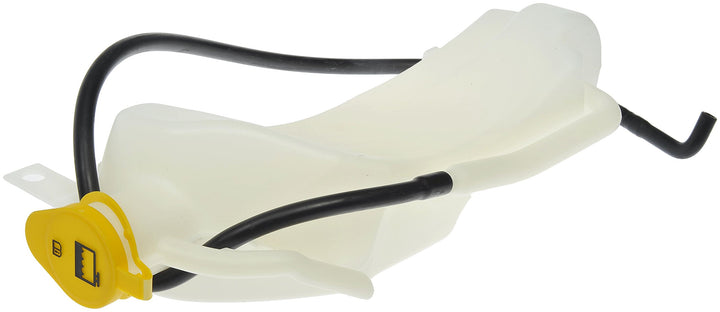 Dorman front coolant reservoir front view showing mounting points and direct fit benefit