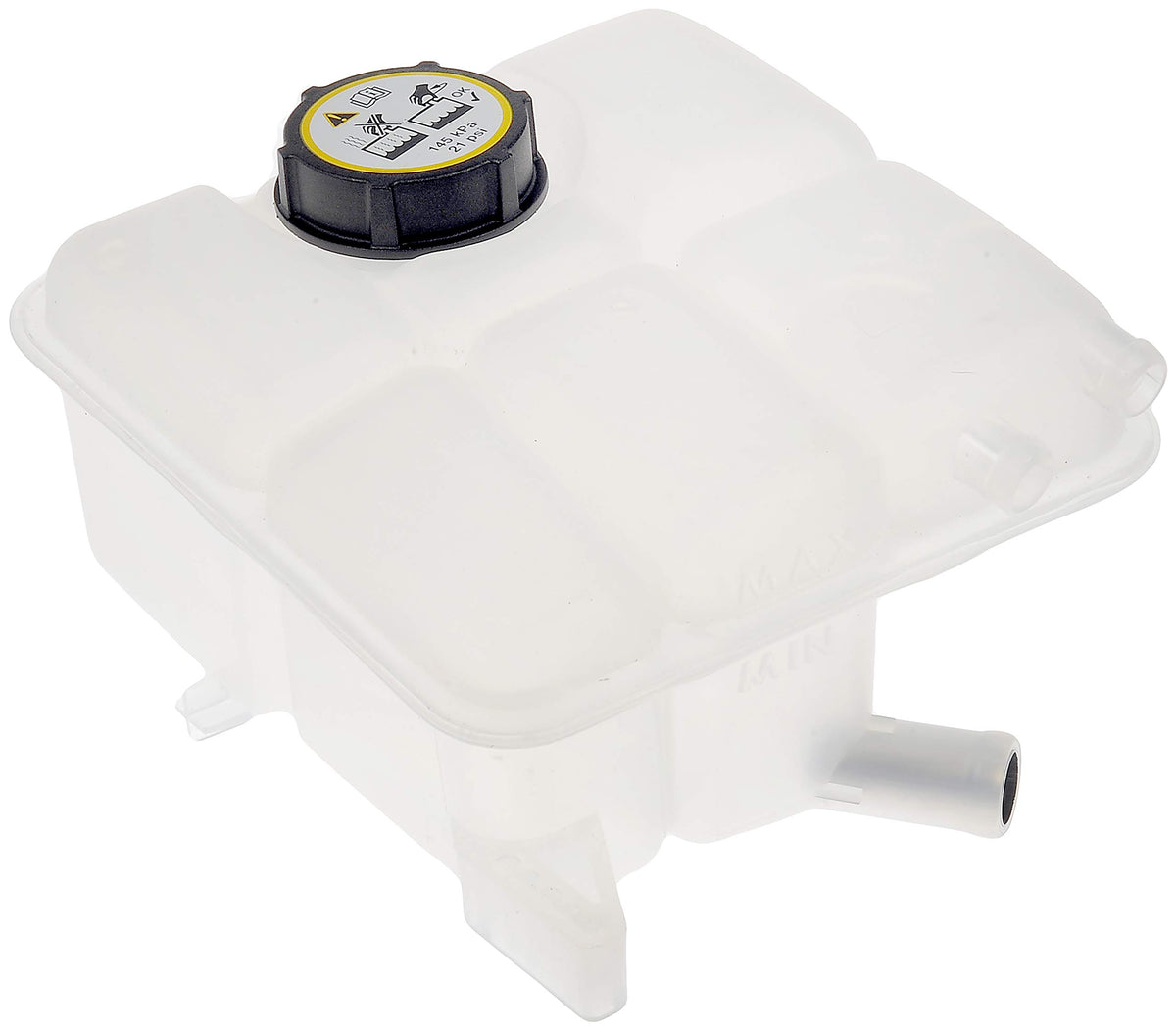 Dorman front coolant reservoir front view showing clean fit and mounting points for easy replacement
