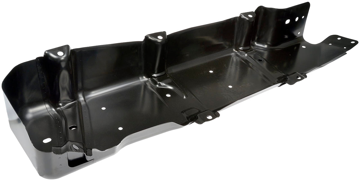 Dorman fuel tank skid plate underside close-up showing reinforced structure