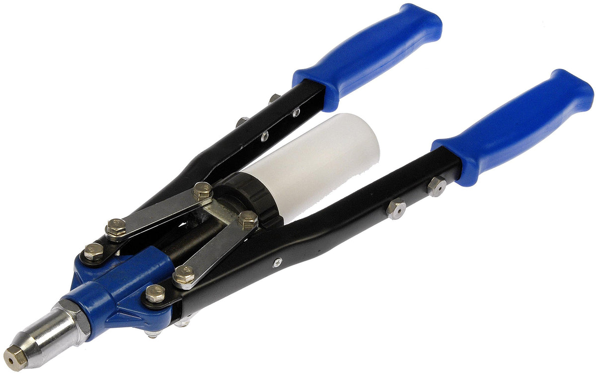 Dorman rivet gun front view showing handles and on-handle rivet storage for efficiency