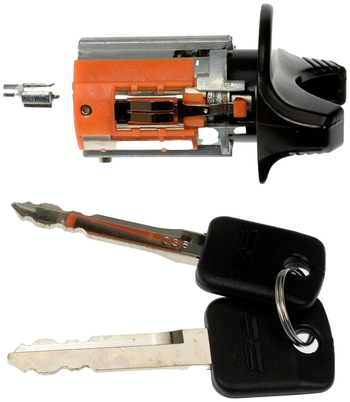 Dorman ignition cylinder next to ruler showing compact size for accurate replacement
