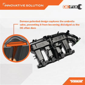 Dorman intake manifold back side detail highlighting secure valve retention benefit