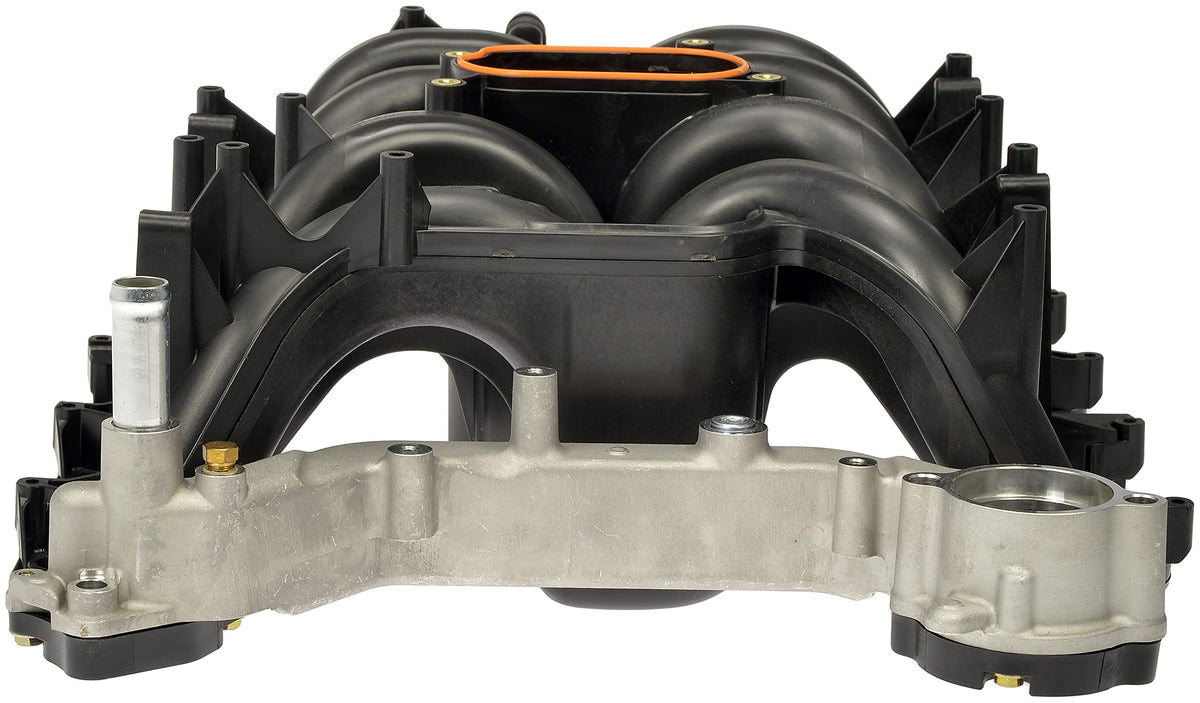 Dorman intake manifold front view showing fit and ports for easy replacement