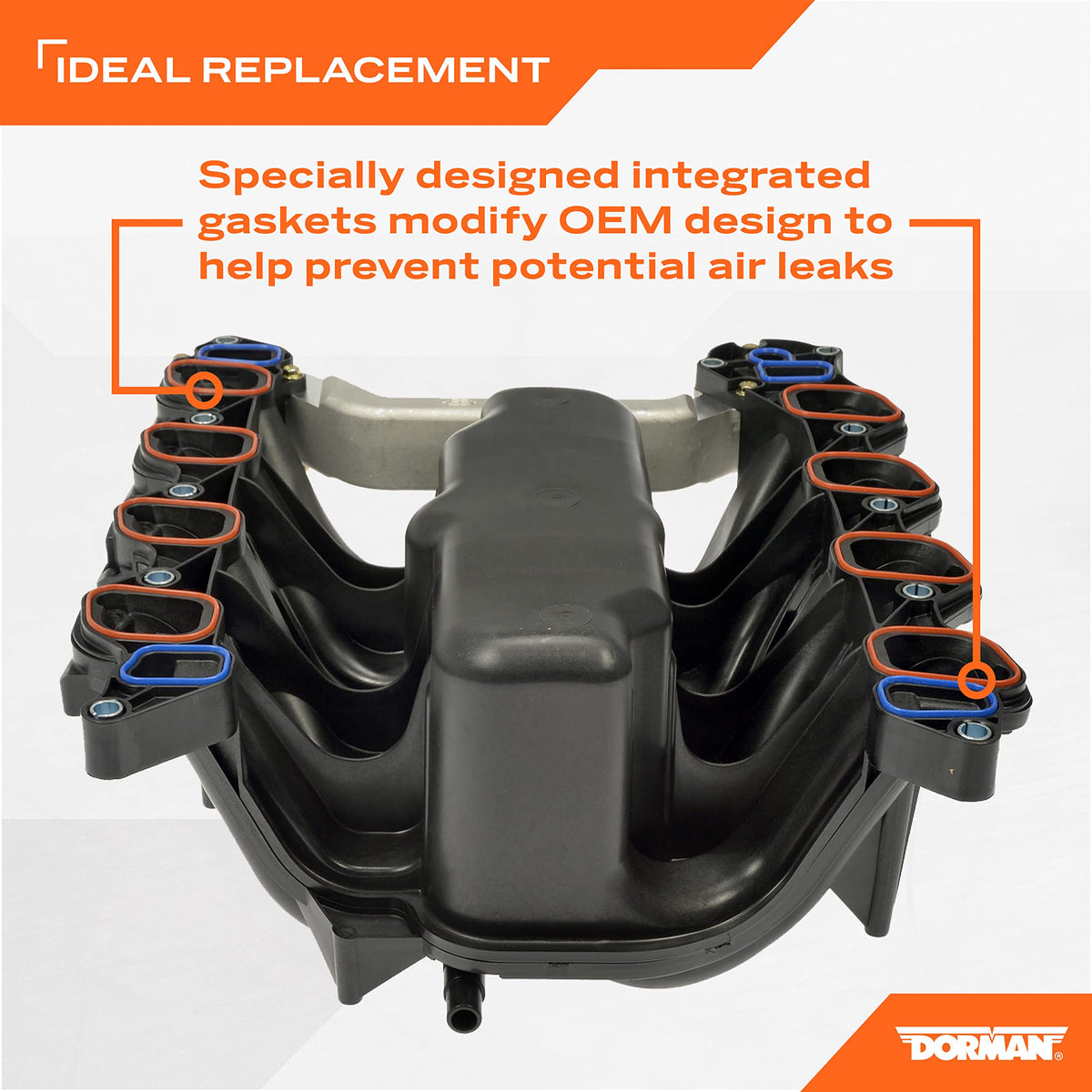 Dorman manifold close-up of integrated gaskets reducing leak points