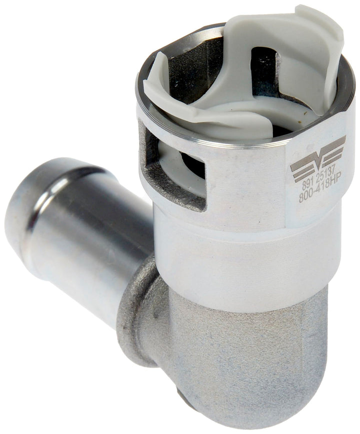 Dorman metal heater hose connector front view showing durable construction and reliable fit