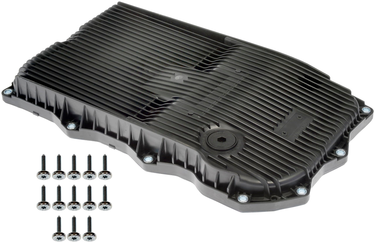Dorman transmission pan front view showing fit and bolt pattern for easier installation