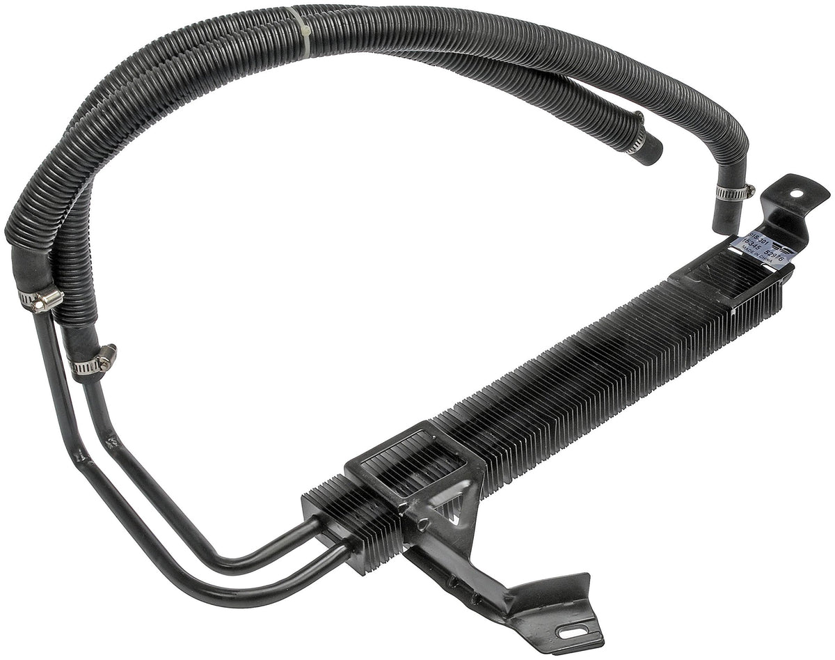 Dorman power steering cooler front view showing full unit and mounting points for exact fit