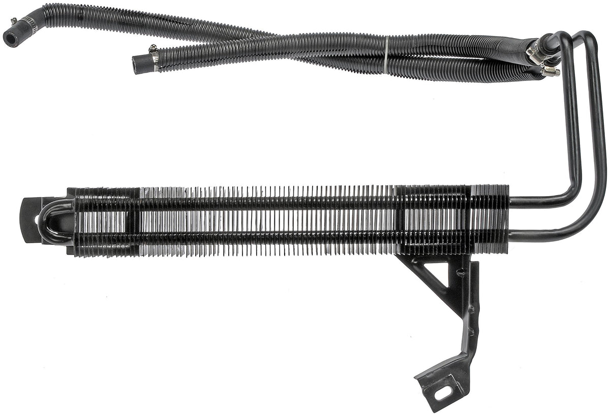 Dorman power steering cooler close-up installed on vehicle lines demonstrating secure connection
