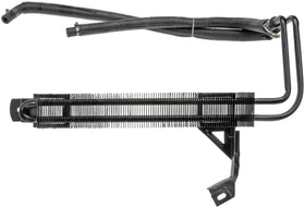 Dorman power steering cooler close-up installed on vehicle lines demonstrating secure connection