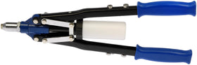 Dorman rivet gun in use on a vehicle door demonstrating leverage and precise rivet installation
