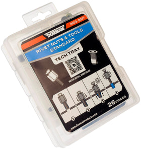 Dorman kit front tray with tool and rivet nuts showing organized layout and easy selection benefit