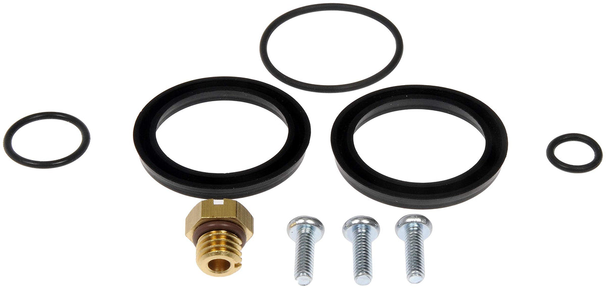 Dorman five rubber gaskets and screws laid out to show included parts for repair