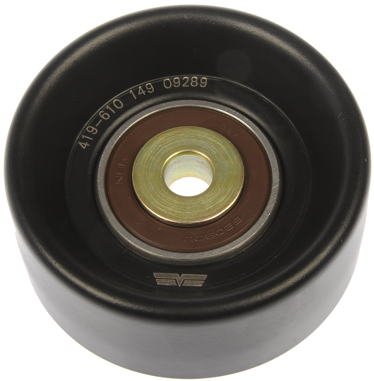 Dorman tensioner pulley front view showing steel construction and correct fitment