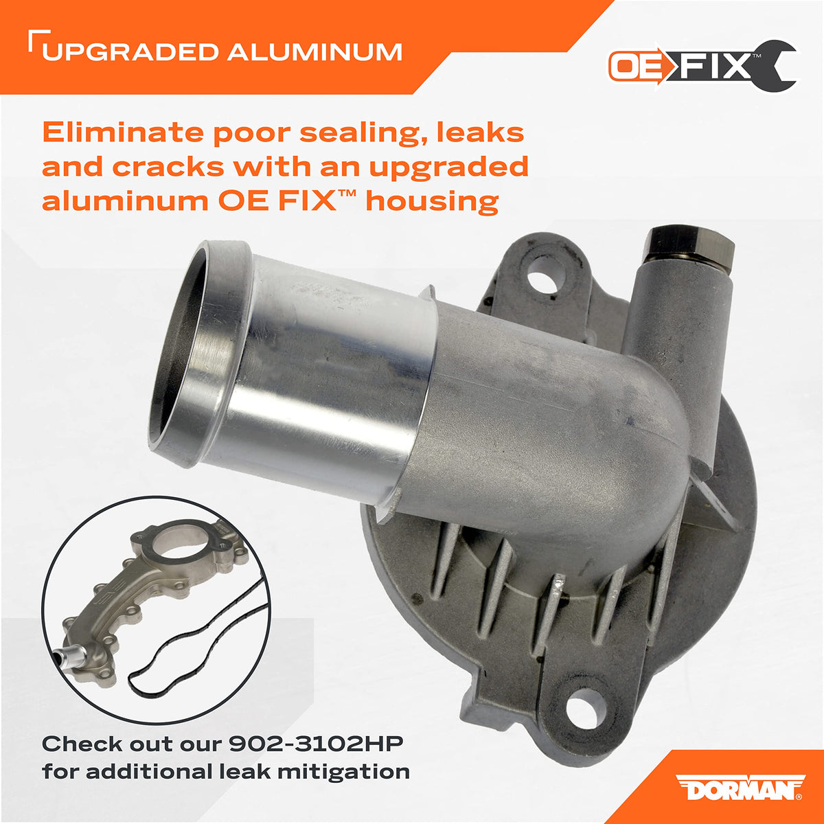 Dorman thermostat housing close-up of machining detailing for consistent sealing and fit